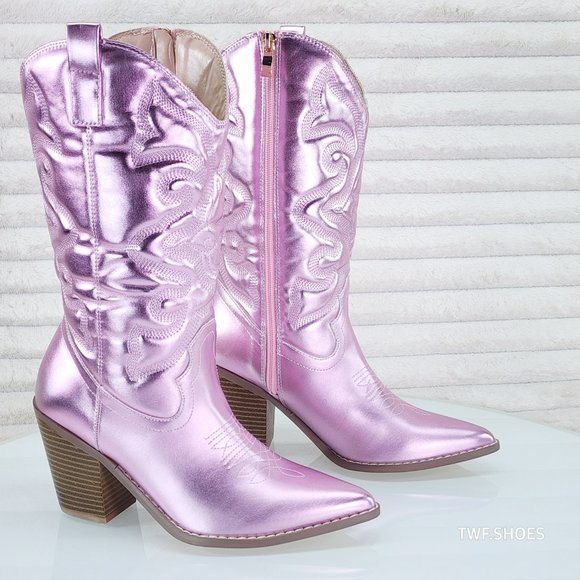 Electric Mid Calf Cowboy Baby Pink Brush Metallic Matte Western Cowgirl Boots - Picture 10 of 13